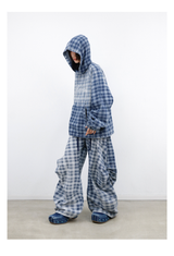RELABEL (Gemeng) Flower Bud Balloon Check Print Draped Loose-Fit Crinkled Gradient Washed Denim Trousers