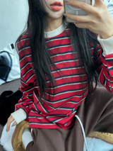 STRIPE OVER BOXY BOYFRIEND LONG SLEEVE T SHIRT ❤💚🩵🧸4COLOR