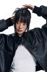 High Neck Leather Crop Jacket - Black