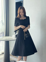 26SS★ Berlin Notch Square-Neck Short Sleeve Tweed Flare One Piece Long