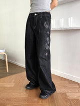 Skoll two-way pintuck paisley cubic stitch non-fade denim long wide pants