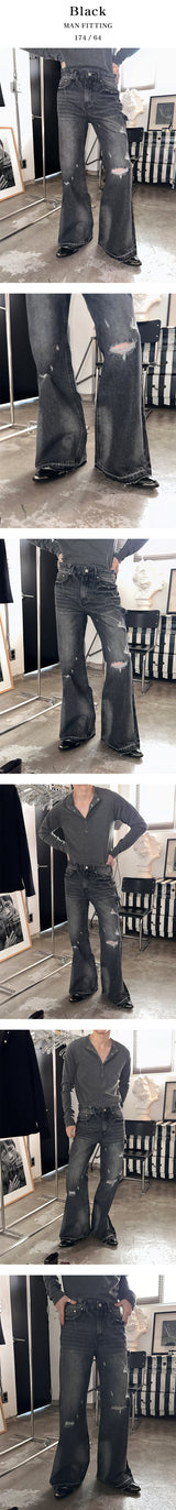 [Unisex] ダメージブーツカットフレアパンツ