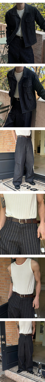 [SET UP가능] Stripe trucker denim jacket