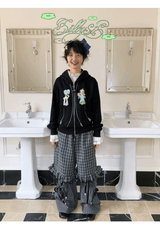 sillysis 青いチェック柄のレースドローストリングポケットパンツ、ゆったりデザイン、金属ボタン、ワイドレッグカジュアルパンツ