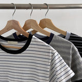 メスリットラウンドネックストリッピードベーシックフィットショーツスリーブTシャツ3カラーズ