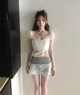 [ mauve vintage🌹 ] petal rose lace shirring mini sk