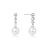 silver tennis bead stone pearl drop stud rhodium plating + 925 silver earrings E065-03H