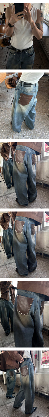 [Unisex] バックレザーポケットワイドパンツ