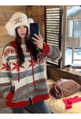 Red Snow Stripe Hooded Knit Zip-Up