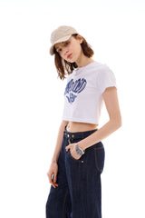 ハートスローガンクロップTシャツ / ブルー