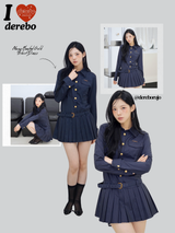 Navy Pleats Gold Shirt Wedding Guest Dress