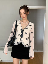 retro floral ruffle long-sleeve blouse