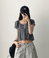 Checkered Ruffle Square Button Short Sleeve Blouse