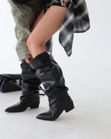 Wrinkle Shirring Belt Western Wide Long Boots