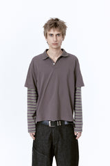 (BASE) LAYERED STRIPE POLO L/S TEE (CHARCOAL)