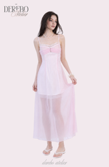ピンク シフォン シースルー ロング ドレス
