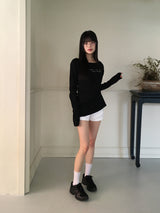 クメンレタリングリップネックスリムロングスリーブTシャツ