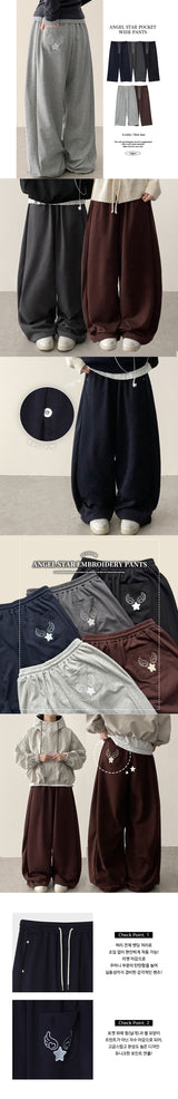 Angel Wing Star Pocket Embroidery Wide Banding Pants