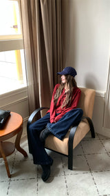 ラウンドボタンワッフルロングスリーブTシャツ