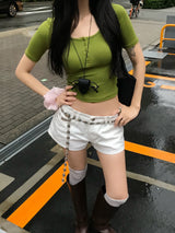 Olive Diary Button U-Neck Slim Fit T-Shirt