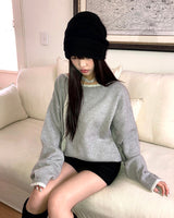 Mebin Lip-Neck Color-Block One-Off-Shoulder Wool Long-Sleeve Knit