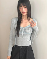 Seleo Shirring Lace Ribbon クロップド長袖ノースリーブカーディガンセット