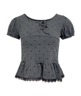 Grid Dot Ribbon Frill T-shirt