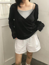 Wrap loose fit shirring hooded knit (4c)