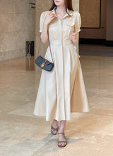Kazz Shirt Collar Puff Sleeve Long One Piece (Belt Set)