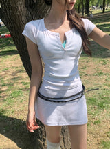 26SS★ [MADE/more BASIC] Cover Round Button Slim Short Sleeve T-shirt