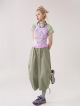 Contrast color printed round neck short sleeve T-shirt