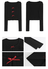 レースインナーレイヤードレッドボウロングスリーブTシャツ (レースインナーセット)