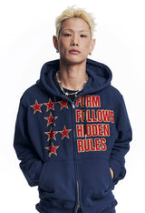 Star Lettering Patch Hoodie Zip-Up - Navy