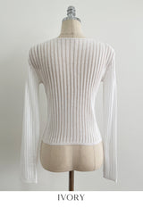 Hennua Half-Button See-Through Ribbed Cardigan
