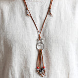 turquoise & leather cord beads necklace brown