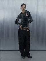 BADGE STRIPE HOODED CARDIGAN / CHARCOAL_P