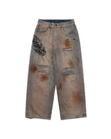 DirtyCoins Stain Disstress Baggy Denim Pants Faded Blue
