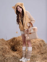 Rose Island warm orange tabby fur patchwork knitted slim-fit hooded jacket, cute and unique original design