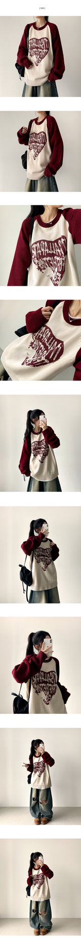 Duka heart color matching Nagrang ボックスフィットラウンドニット