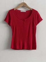 Lua Round Neck Button Ribbed Short Sleeve Knit Top 8 Colors