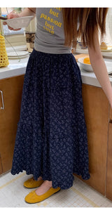 Cozy Navy Flower Frill Long Banding Skirt