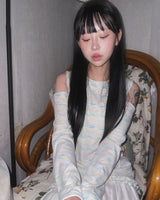 (2color) Frill Slub Stripe Cut-Out Shoulder Long Sleeve Tee