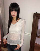 トヘキュービックリブボーンVネックシースルー長袖Tシャツ