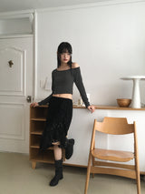 Seble one-shoulder unbalance strap striped long-sleeved T-shirt