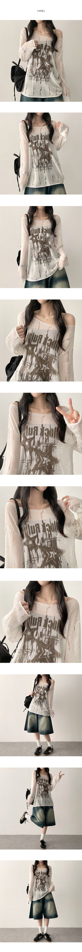 Roven ダメージシースルーメッシュニットロングスリーブTシャツ