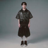 グロッシー フェイクレザー ワイド ショーツ ブラック