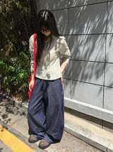 マルーンサイドボタンワイドデニムパンツ