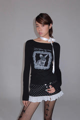eatmeplz* ブラックレースラビット ラウンドネック プリントフィット長袖Tシャツ