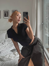 リーラウンディングカラー半袖Tシャツ