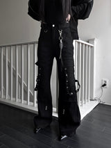 unique strap cargo bootcut pants